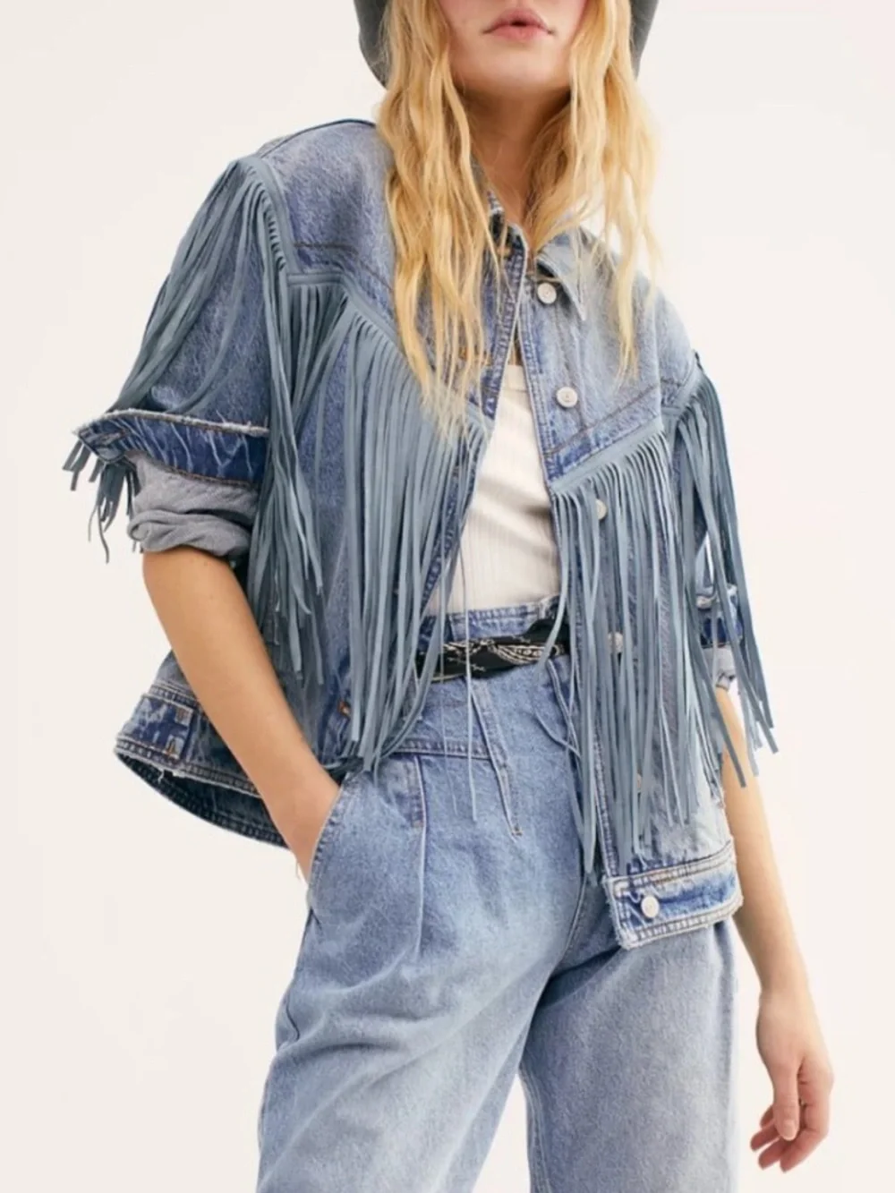 Free People After Hours Fringe Denim Jacket - Picture 1 of 3